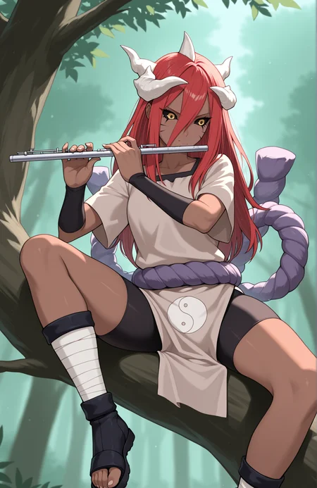 masterpiece, best quality, 1girl,  red hair, long bangs, hair between eyes, long hair, yellow eyes, black sclera, multiple horns, white horns, dark-skinned female, facial mark, grey tunic, short sleeves, shimenawa, bracer, bike shorts, yin yang print, sitting in tree, ankle wrap, toeless footwear, playing  flute, whisker markings,  <lora:Tayuya last:1>