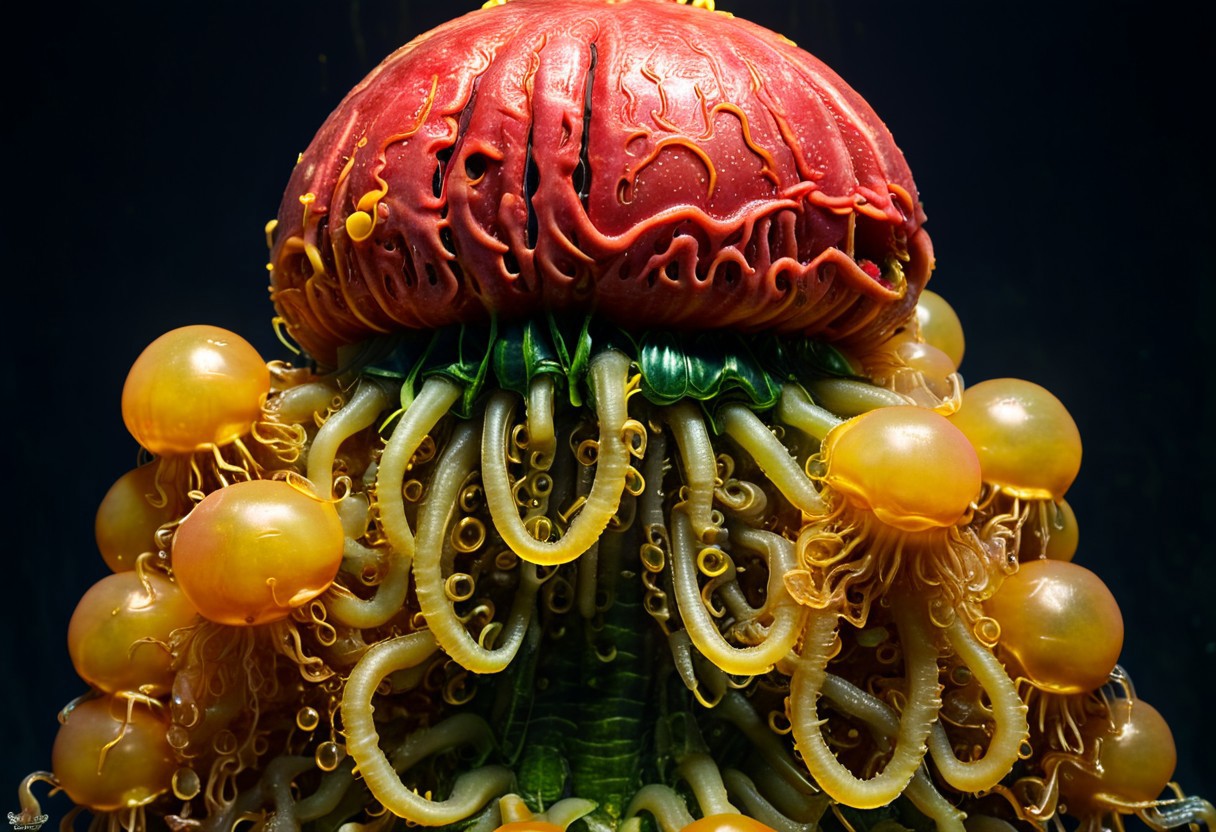 A cinematic photograph of a watermelon made of poly acrylic in the shape of a horny, five-headed woman, having sex with a glowing yellow jellyfish, in the style of Raphael,  Movie Still, Film Still, Cinematic, Cinematic Shot, Cinematic Lighting, JuggernautNegative, biopunkai, Disgusting, Globby, Goo, Yucky, Icky