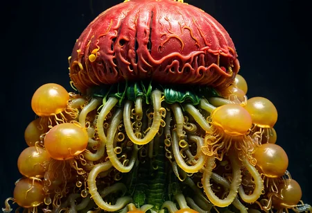 A cinematic photograph of a watermelon made of poly acrylic in the shape of a horny, five-headed woman, having sex with a glowing yellow jellyfish, in the style of Raphael,  Movie Still, Film Still, Cinematic, Cinematic Shot, Cinematic Lighting, JuggernautNegative, biopunkai, Disgusting, Globby, Goo, Yucky, Icky
