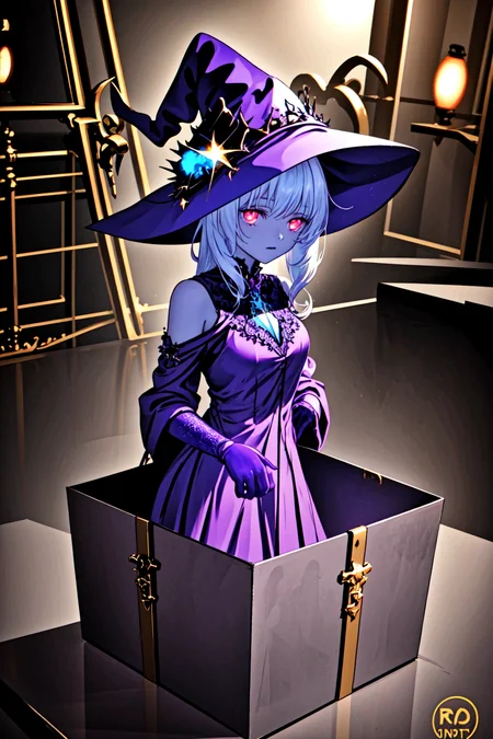 1girl in a gift box, <lora:yomama_surprise_gift_v5-10:0.8>yomama_surprise_gift_v5 <lora:LCM_LoRA_Weights_SD15:1> indoor, Christmas decoration , <lora:wrenchwitchiness:0.8> wrenchwitchiness, glowing eyes, glowing,