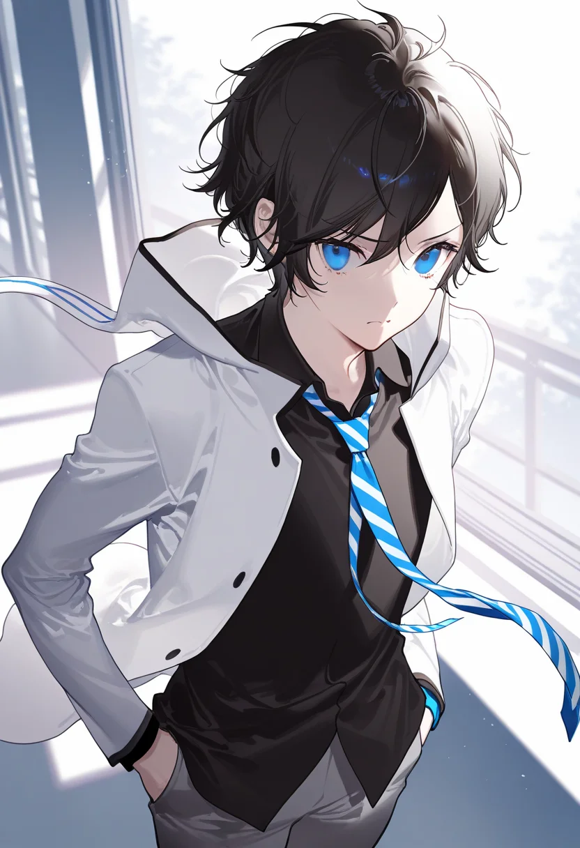 masterpiece,best quality,very aesthetic,absurdres,artist:rella,fajyobore,[[yoneyama mai]],[[ask (askzy)]],redum4,saihate (d3),miwano rag,[[[mignon]]], 
1boy, solo, male focus,
protagonist \(devil survivor 2\), black hair, short hair, blue eyes,
white jacket, hooded jacket, black shirt, striped necktie, grey pants, rabbit hoods,
school, no emotion,
 <lora:ds2_protagonist.ilxl:1> <lora:hand 5.5:1>