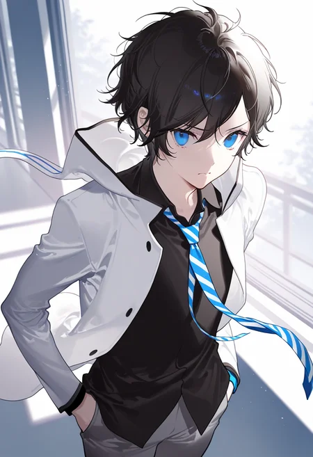 masterpiece,best quality,very aesthetic,absurdres,artist:rella,fajyobore,[[yoneyama mai]],[[ask (askzy)]],redum4,saihate (d3),miwano rag,[[[mignon]]], 
1boy, solo, male focus,
protagonist \(devil survivor 2\), black hair, short hair, blue eyes,
white jacket, hooded jacket, black shirt, striped necktie, grey pants, rabbit hoods,
school, no emotion,
 <lora:ds2_protagonist.ilxl:1> <lora:hand 5.5:1>