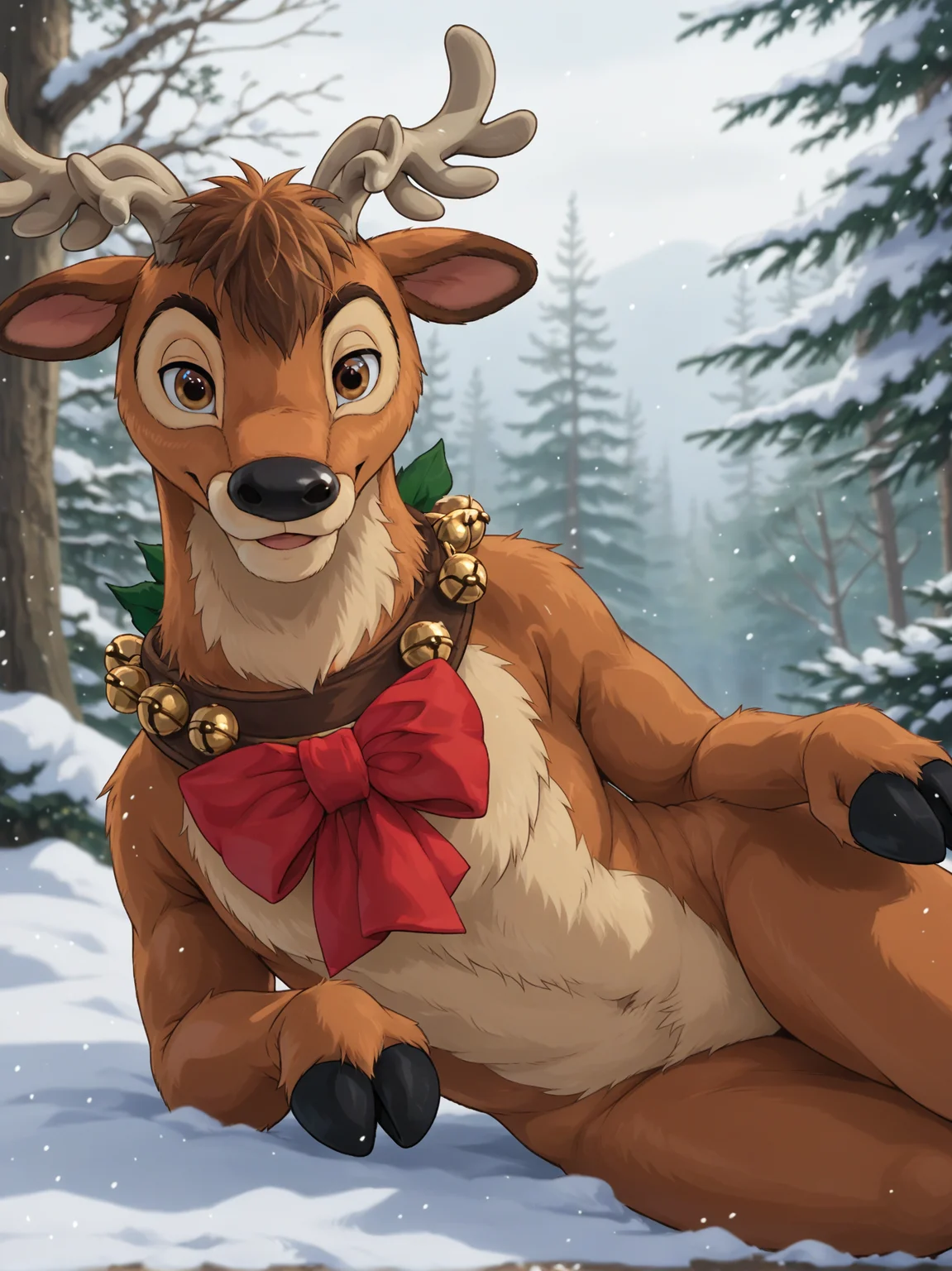 Cel Shaded Art, cinematic film still <lora:J_cartoon:0.7> j_cartoon, <lora:DsnyReindeer:0.8>, DsnyRndr, source_furry, ((anthro)), solo, fluffy, detailed fur, male, reindeer, brown fur, harness, brown eyes, red bow, bells, antlers, hooves, (((looking at viewer:1.3))) (laying on side), ((half-closed eyes)), (((snowy forest))), detailed background, . shallow depth of field, vignette, highly detailed, high budget, bokeh, cinemascope, moody, epic, gorgeous, film grain, grainy, 2D, flat color, toon shading, cel shaded style