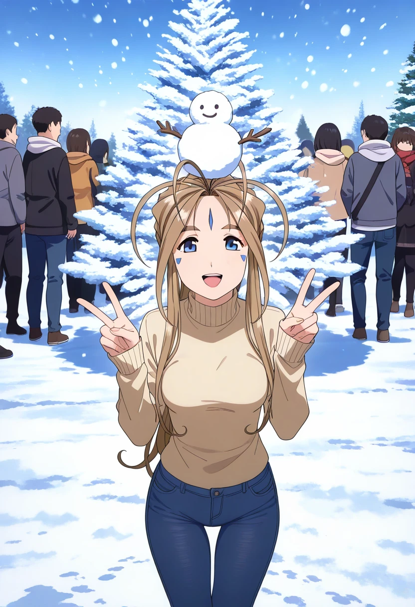 masterpiece,best quality,newest,absurdres,highres,very awa, 

1girl, thigh gap, slim legs, slim_thigh, smile, perfect_eyes,
looking_at_viewer, 
Belldandy, medium_breasts, 
standing, open_mouth, upper_teeth,  
sweater, jeans, v pose,
Snow piled on head and shoulders,

cowboy_shot, from_side,

outdoors, park, merry_christmas, christmas_tree, crowded, snow,snowing, 