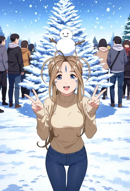 masterpiece,best quality,newest,absurdres,highres,very awa,
1girl, thigh gap, slim legs, slim_thigh, smile, perfect_eyes,
looking_at_viewer,
Belldandy, medium_breasts,
standing, open_mouth, upper_teeth,
sweater, jeans, v pose,
Snow piled on head and shoulders,
cowboy_shot, from_side,
outdoors, park, merry_christmas, christmas_tree, crowded, snow,snowing,