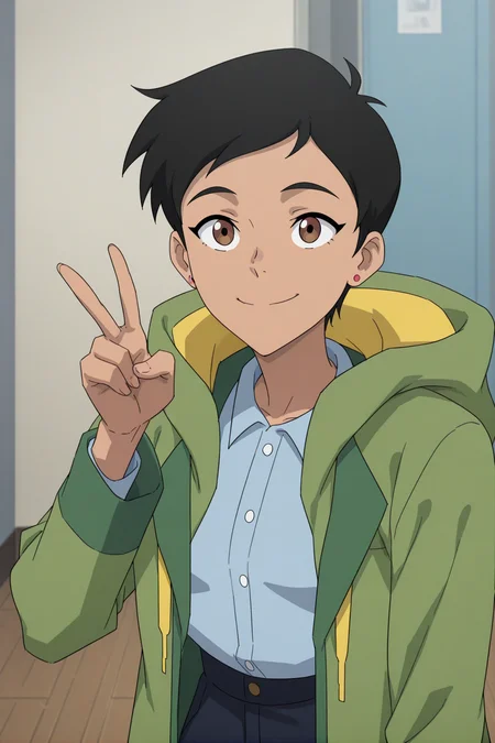 <lora:Lois_Lane_My_Adventures_With_Superman:1> mawsll, 1girl, black hair, brown eyes, green hoodie
smile, peace sign,