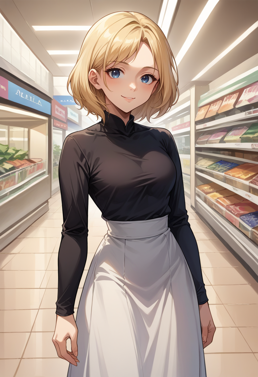 score_9, score_8_up, source_anime, 1girl, solo, Ashelia, medium hair, blonde hair, blue eyes, high-waist skirt, long skirt, white skirt, black shirt, long sleeves, smile, standing, indoors, shopping mall, <lora:CHAR-AsheliaPonyXL:1>