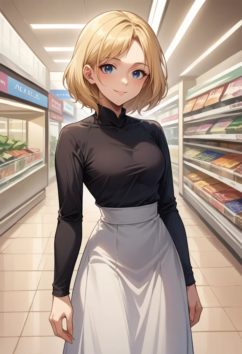 score_9, score_8_up, source_anime, 1girl, solo, Ashelia, medium hair, blonde hair, blue eyes, high-waist skirt, long skirt, white skirt, black shirt, long sleeves, smile, standing, indoors, shopping mall, <lora:CHAR-AsheliaPonyXL:1>