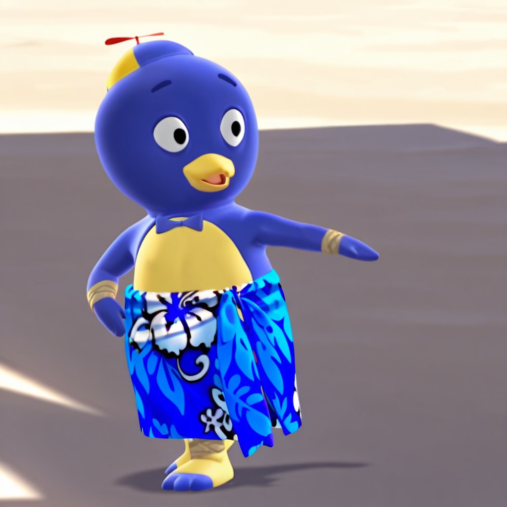 masterpiece, best quality, amazing quality, PabloByil, anthro, male, penguin, blue skin, black eyes, blue sarong, bracelets, blue bowtie, propeller hat, on a beach, dancing, solo, 1boy