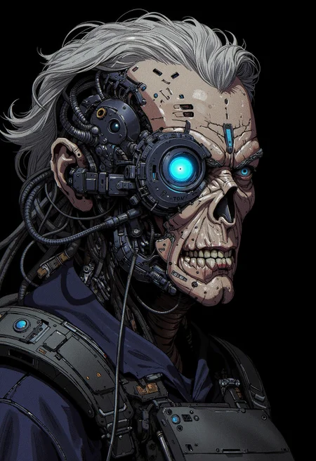 A digital illustration portrait in the style of ck-js, presenting a heavily augmented, aged female figure with a sinister, knowing grin. Much of her face is replaced by dark, complex cybernetics, with one eye replaced by a large, intensely glowing blue optic lens. Wires and mechanical joints are visible integrating into her skull and jaw. She wears worn, functional armor pieces over dark clothing. The lighting is stark and shadowy, emphasizing the unsettling blend of aged flesh and cold machinery. Focus on dark cyberpunk augmentation, menacing matriarchal intelligence, and gritty bio-mechanical integration.