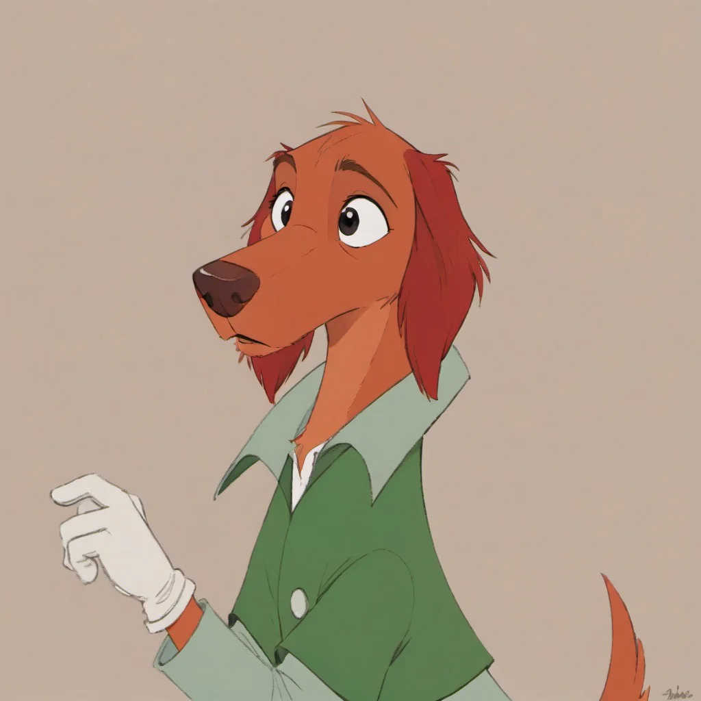 Shamus, dog, Irish Setter, anthropomorphic dog, cartoon dog, animal ears, long ears, floppy ears, red ears, orange fur, black eyes, brown nose, long snout, green suit, white gloves, no hat, Disney, headshot