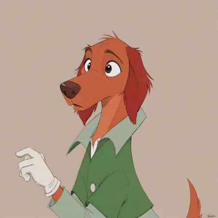 Shamus, dog, Irish Setter, anthropomorphic dog, cartoon dog, animal ears, long ears, floppy ears, red ears, orange fur, black eyes, brown nose, long snout, green suit, white gloves, no hat, Disney, headshot