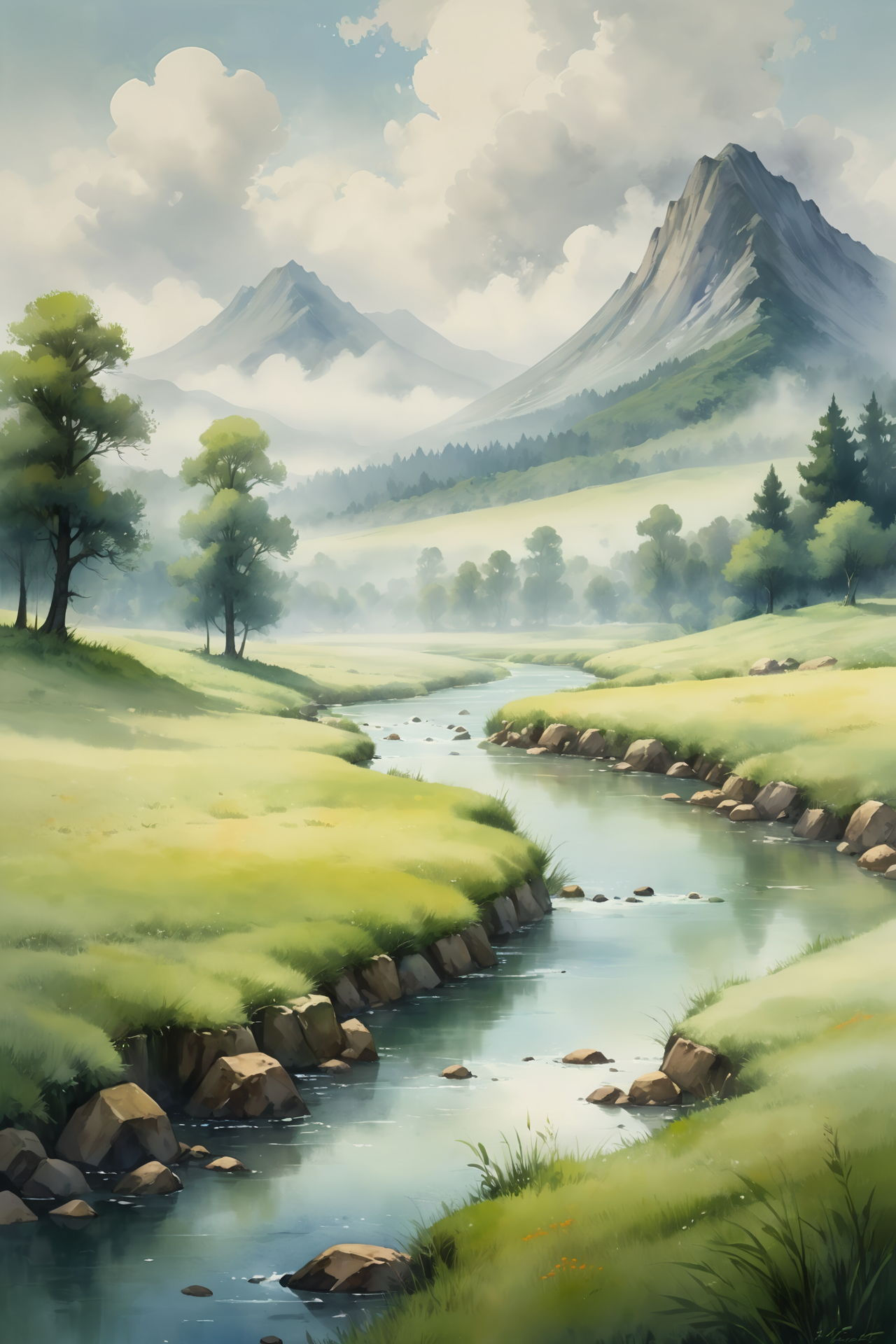 <lora:Retro_Illustration:1> 2d game scene, oil and watercolor painting, scenery, drawing of a minimalist landscape, river, meadow, mist, clouds, mountain, tree, forest, (masterpiece:1.2), best quality, (masterpiece:1.2), best quality