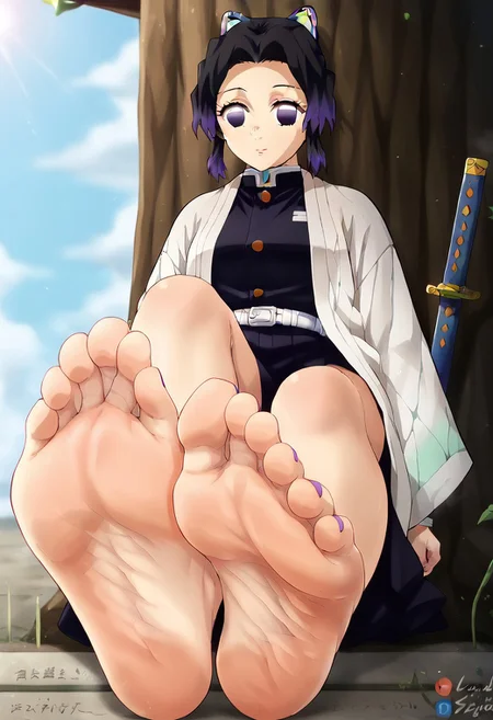 masterpiece, Feet, Foot, foot fetish, soles foot focus, perfect, perfection, kochou shinobu, demon slayer uniform, butterfly hair ornament, solo, hair ornament, weapon, sword, purple hair, multicolored hair, purple eyes, black hair, japanese clothes, gradient hair, haori, belt, katana, short hair, sheath, long sleeves, empty eyes, parted bangs, jacket, no pupils, bangs, white belt, Feet to viewer, foot focus, presenting feet, toenail polish, toes, {{5 toes}},
<lora:feet_anime_pony_v2:1> <lora:Cute_Anime_Feet_and_Soles:0.8>