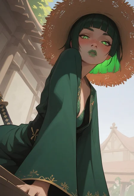 score_9,score_8_up,score_7_up,raw,realisitc, hetero, dutch angle, (1girl), (solo), source_anime ,green eyes, glowing eyes, short hair, green hair,petite body, small breasts, small ass, pale skin, pale skintone, green kimono, green bra, anime style drawing, (((very aesthetic))), (((unique angle))), green lips, upper lip and lower lip different colors, upper lip green and lower lip yellow color, ponytail hairstyle, bangs, blunt cut bangs, gradient hair, gradient lips, freckle, at market, market background, shopping, green kimono, straw hat, sandagosa, japanese buildings, suprised face,( blushy:1.4), cleavege, tits visible from below, green eyebrows, (((detailed drawing))), perfect face, perfect drawing, katana, ((((katana hanging on her back)))), perfect hands, ass focus, back turned,wide hips, big ass,