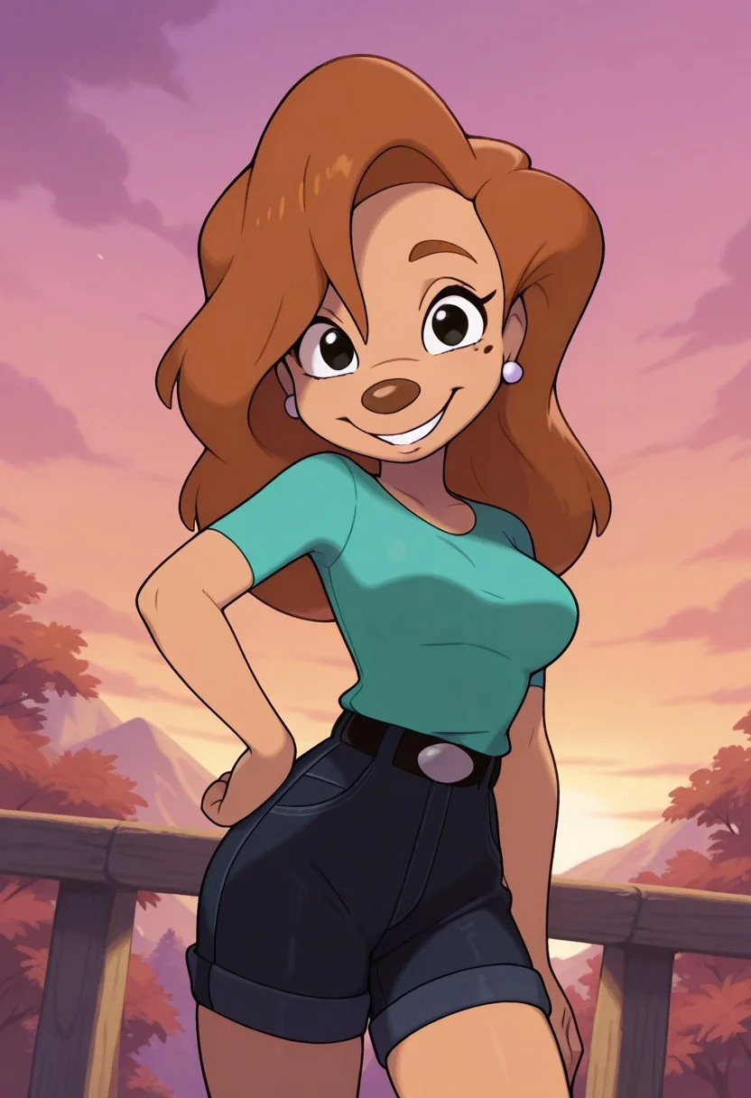 masterpiece, best quality, amazing quality, very aesthetic, absurdres, newest, detailed background, cowboy shot, outdoors, dynamic angle, sugimori, jaggy lines,
roxanexd, 1girl, solo, smile, shirt, jewelry, mole, shorts, earrings, black eyes, looking at viewer, green shirt, furry female, hand on hip, brown hair, long hair, furry, animal ears, short sleeves, aqua shirt, belt, grin, cowboy shot, mole under eye, shirt tucked in, breasts, medium breasts,