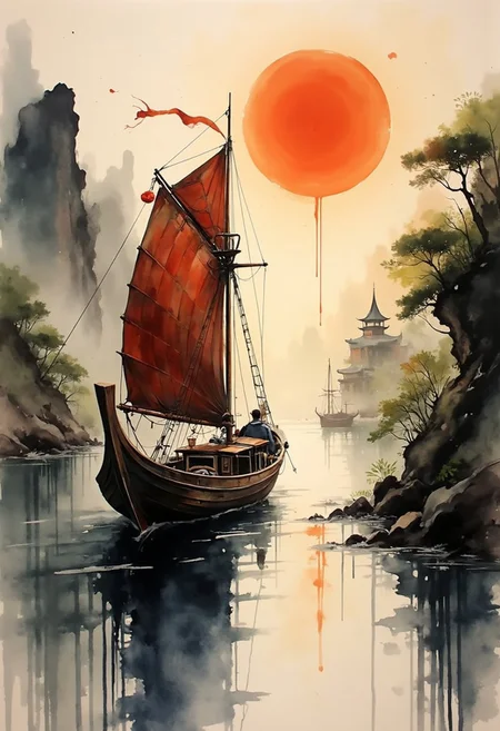 A dinkfsn style ink wash painting, intricate linework with expressive contrasts, inksketch of a Chinese Junk sailing into a south-east asian medieval harbour, sunset