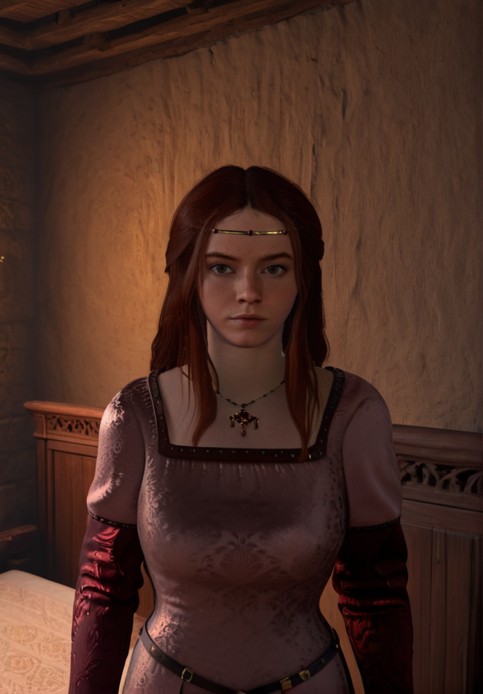 20 year old woman, long dark red hair. <lora:Rosa_Ruthard-1:1>, (medium breasts), wearing a medieval noble dress, standing next to a bed, in a medieval royal bedroom, 8k, ultra-detailed, hyperrealism. Harsh, unforgiving lighting. A sense of power and defiance. Minimalist and provocative.