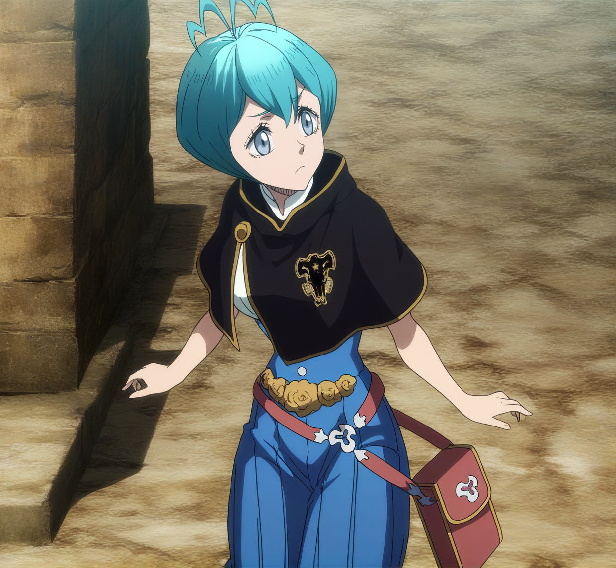 sharp focus, pixiv masterpiece, source_anime, score_9, absurd res, high res, anime_screencap,
 <lora:Grey_blackclover_IL_v36-000015:1>, grey_bc, 1girl, solo, grey-blue_eyes, cyan_hair, short_hair, antenna_hair, black_capelet, sleeveless_shirt,  high-waisted_pants, waist_flowers, metal_belt, pouch,  standing, arms_at_sides, (simple background:1.1), blushing, wavy_mouth,   star_on_emblem,