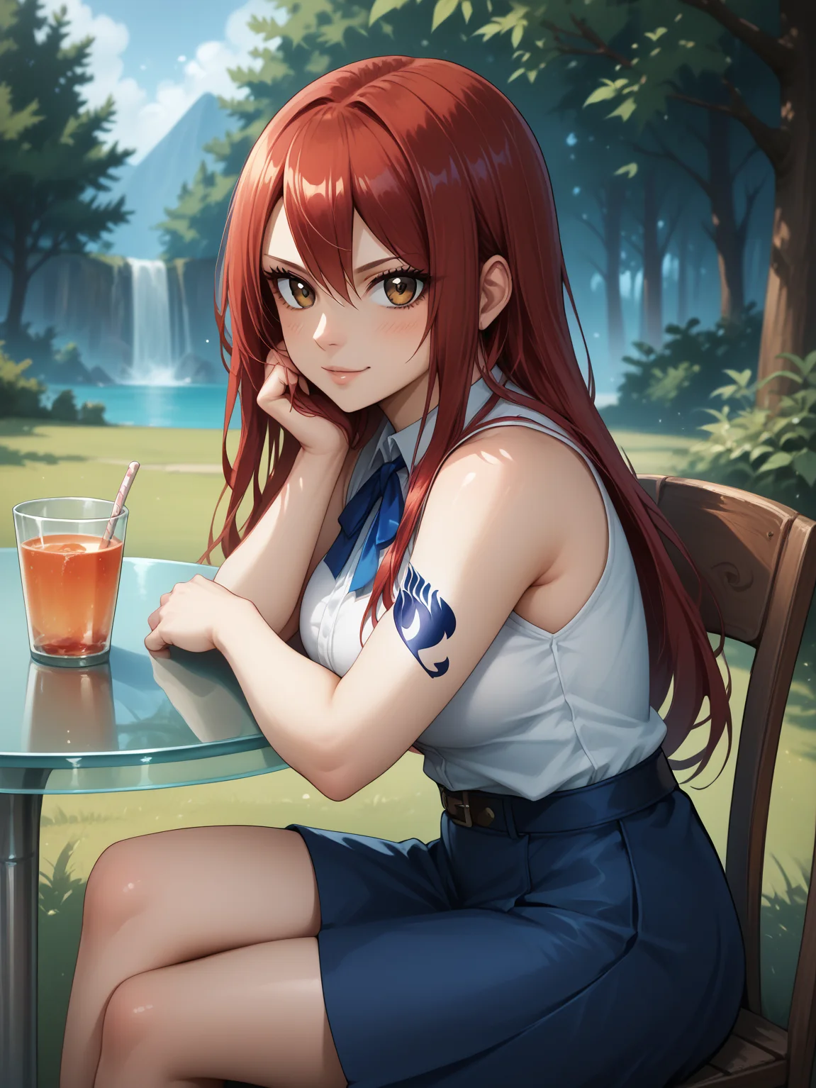 score_9, score_8_up, score_7_up, score_6_up, score_5_up, score_4_up, source_anime, detailed eyes, beautiful eyes, <lora:PONYXL_FD-MegaBreastPack:0.7> <lora:Erza_Scarlet_V2_r1:1> ErzaScarlet, red hair, long hair, very long hair, hair over eye, brown eyes, sanpaku eyes, arm tattoo, blue tattoo, CasualClothes, neck ribbon, bare shoulders, white shirt, sleeveless, center frills, blue skirt, sitting outside, glass table, elegantly holding a single tea cup, from the side, crossed legs, looking at viewer,