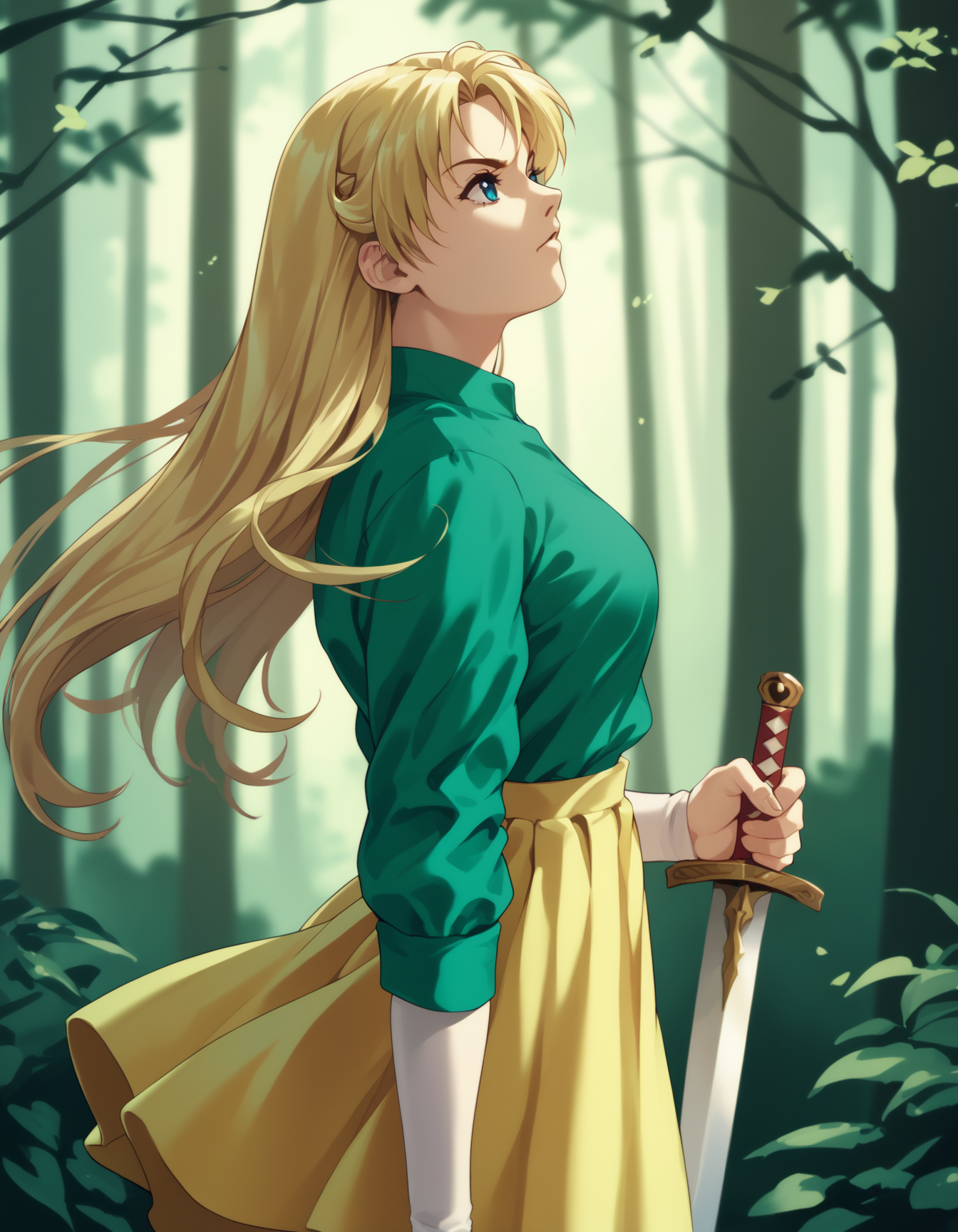 score_9,  score_8_up, score_7_up <lora:sharon-ponyxl-000011:1> wwsharon, green shirt, yellow skirt,
1girl, solo, sword, from side, forest