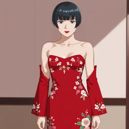 <lora:Yuka_pony_v1:.7> YukaPurpleShirt, 1girl, solo, short hair, black hair, makeup, lipstick, black eyes, blunt bangs,  cowboy shot,  <lora:1007 Chinese wedding dress_v1_pony:1> ruanyi1007,bare shoulders,detached sleeves,red dress,floral print,strapless dress,