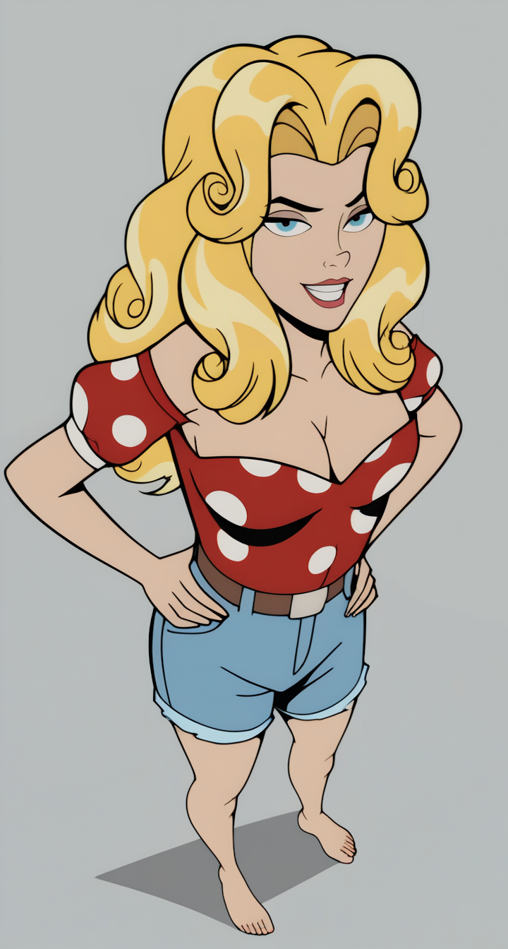 score_9_up, score_8_up, score_7_up, score_6_up, score_5_up, score_4_up, show accurate style, source_cartoon, flat colors,msMonarch, 1girl, solo, blue eyes, blonde hair, long hair, farm girl outfit, polka dot shirt, cleavage, denim shorts, belt, cowboy shot, slight smile, parted lips, seductive pose, seductive angle, grey background, Perfect Hands,AddXL, hands on hips, simple background, three quarter view, from behind, looking at viewer, barefoot, depth of field, foreshortening, fit to frame 