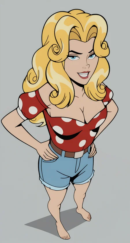 score_9_up, score_8_up, score_7_up, score_6_up, score_5_up, score_4_up, show accurate style, source_cartoon, flat colors,msMonarch, 1girl, solo, blue eyes, blonde hair, long hair, farm girl outfit, polka dot shirt, cleavage, denim shorts, belt, cowboy shot, slight smile, parted lips, seductive pose, seductive angle, grey background, Perfect Hands,AddXL, hands on hips, simple background, three quarter view, from behind, looking at viewer, barefoot, depth of field, foreshortening, fit to frame 