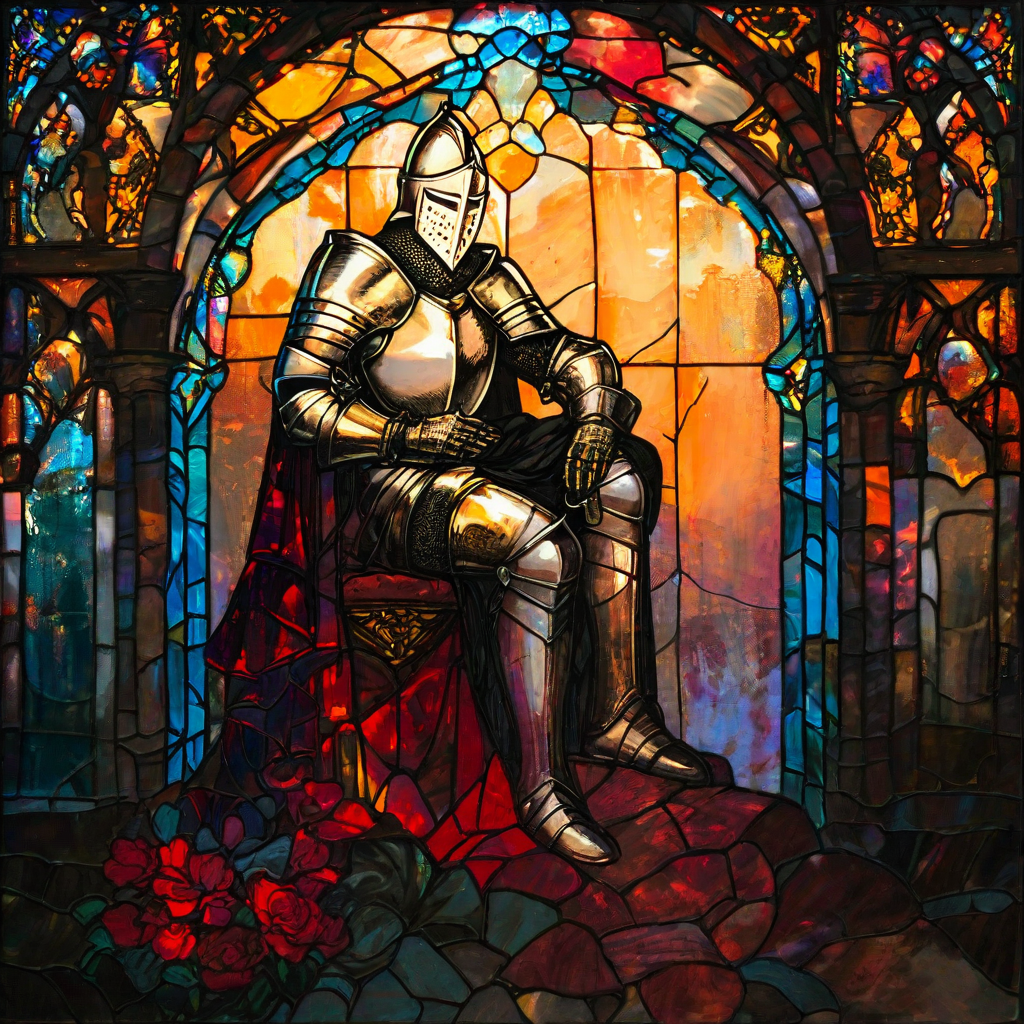 score_9, score_8_up, score_7_up, rating_questionable,score_9, score_8_up, score_7_up, BREAK Knight on one knee,
ArsMJStyle, Stained Glass,  <lora:ArsMJStylePony_-__Stained_Glass:1>