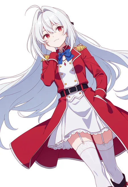 Smooth Quality,masterpiece,very intricate, high quality details, ultra realistic, high detailed skin,detailed enviorement,absurdres,
hand on own cheek,
<lora:Terakomari_Gandesblood_CNR:0.8>
terakomari_cnr, teraawe_cnr, 1girl,white hair, very long hair,braid, floating hair, ahoge, hair between eyes, hair intakes, red eyes
red jacket, long sleeves, epaulettes, white skirt, white thighhighs, garter straps,boots, black belt,blue bowtie,, simple background, white background, dutch angle,
walking pose, one hand in pocket, head slightly turned, casual stride,,, ;3,, long coat, ,bolero jacket, ,lace leggings, ,