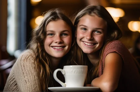 In an endearing close-up photograph, two close young european girls, with radiant smiles and sparkling eyes, sitting in a cafe and looking directly at the viewer. The genuine bond between them is evident in their warm expressions. The background, beautifully blurred through a high depth of field, accentuates the focus on their heartfelt connection. Captured in a Photographic style with a 50mm prime lens, ensuring exquisite facial details and a natural perspective that brings out the authenticity of their friendship.