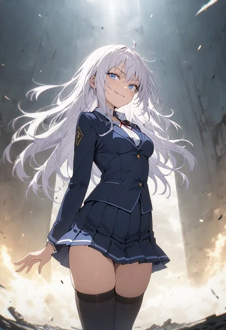 score_9, score_8_up, score_7_up, score_6_up, masterpiece, best quality, absurdres, cinematic, dynamic, perfect composition, solo, 1girl, gojou satoru, blue eyes, white hair, long hair, medium breast, collar, school uniform, short skirt, thigh highs, smirk, from behind, standing, looking at viewer,
