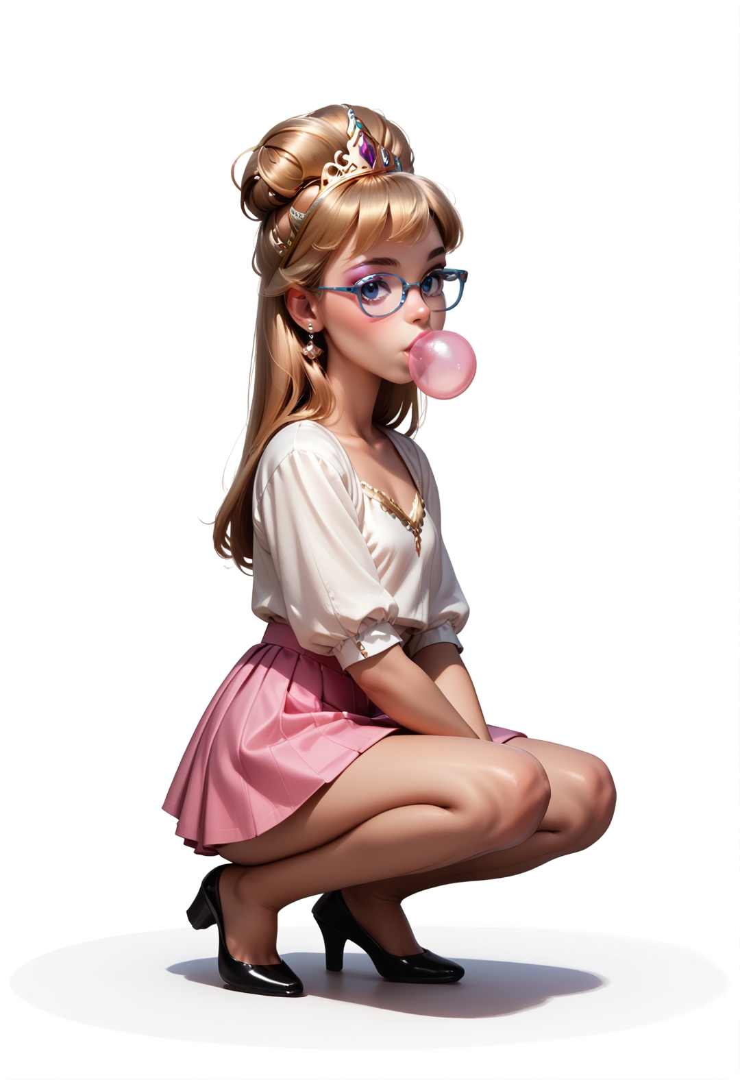 445l34z3, <lora:princess_rc_pony_v2:.7> Princess Cinderella (petite:0.9) 23 year-old, simple background,makeup,bangs, glasses<lora:IndesleazeAAmerger:0.85> bubblegum, skirt, thong, squatting,, ((score_9), score_8_up, score_7_up),score_6_up,score_4_up,score_5_up