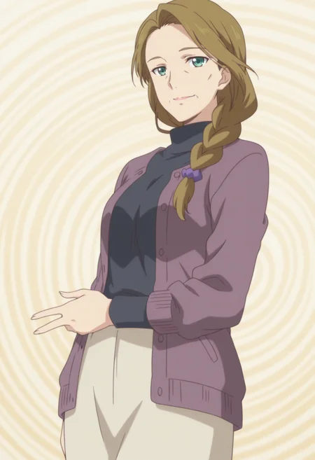 anime screencap, anime coloring, 1girl,  solo,   <lora:DX888Tachibana:1> tachbana tsukiko, green eyes, brown hair, mature female,wrinkled skin , single braid, hair over shoulder BREAK two-tone sweater, black sweater, multicolored sweater, turtleneck sweater, sweater under jacket, long skir,  BREAK beige background, spiral background, BREAK dutch angle,  from below, from side, dynamic pose, posing,  , light smile,  w,