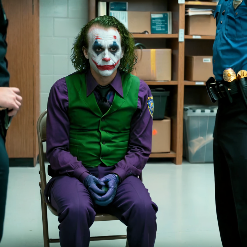 a joker sitting on a chair with a police officer <lora:smalltake:0.8>