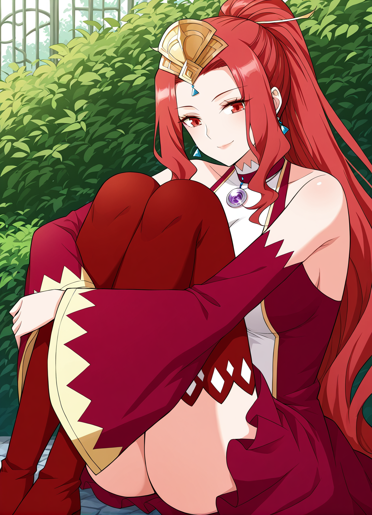 <lora:Cao_Ying__Battle_Through_the_Heavens__Illustrious:1>
1girl, solo, red eyes, sharp eyes, long hair, high ponytail, red hair, ahoge, hair ribbon, hair ornament, wavy hair, sidelocks, anime style, 
fantasy outfit, ornate dress, sleeveless dress, off shoulder, high collar, flared sleeves, asymmetrical skirt, short dress, wide sleeves, detached sleeves, red sleeves, red thighhighs, thigh boots, red boots, fantasy outfit, ornate dress, gemstone necklace, tiara,forehead jewel, earrings, elegant, royal, fantasy girl, 
score_9, score_8_up, score_7_up, very aesthetic, source_anime, detailed, high quality, beautiful, detailed eyes, masterpiece, best quality, absurdres, perfect anatomy, 1girl, solo, hugging your own legs, sitting, garden background, charming smile, nigh