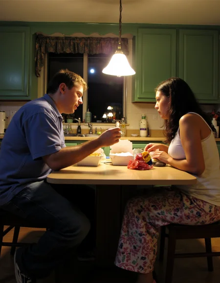 photo of a man in his 20s after working sitting at a kitchen table, wearing blue collar shirt and jeans.  Across the table is a women in her late 20s sitting, wearing white tank top and pajama pants,  they are eating chinese takeout, white boxes and plastic bag, over the table is a hanging light.
in the background is a kitchen with green cabinets, a window in the center showing the night sky and moon.  Night time.  realistic photo, film grain, 
 <lora:amateurphoto-6version:1> Amateur photography of               , on flickr in 2007, 2005 blog, 2007 blog