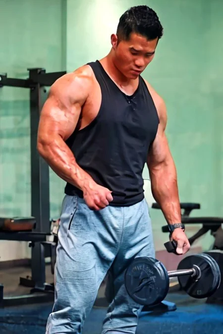 asian sexytrainer, tank top/sleeveless shirt, shorts/sweatpants/leggings, sneakers, gym, holding dumbbell/weightlifting, exercise, realistic, masterpiece, intricate details, detailed background, depth of field, photo of a handsome, dynamic pose, sweaty, sidepec, exercise, natural face expression, detailed Hunter Kang face, nipples, bulge, serious face