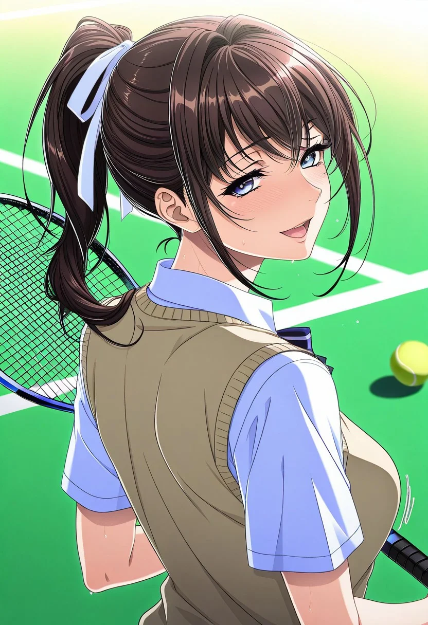 masterpiece, best quality, newest, highres, uncensored, 1girl, yokota mamoru style,1girl, slender face,motion lines,blush,torogao,looking at the viewer,seductive smile
Ichinose Ayako,Brown Hair, Ponytail, Shoulder-length Hair,Long Hair, Sidehair, Straight Hair,Violet Eyes,Slim
1girl,solo
1girl, solo, ball, ponytail, racket, tennis ball, tennis racket, long hair, blue eyes, open mouth, looking back, ribbon, school uniform, hair ribbon, smile, sweater vest, sweat
