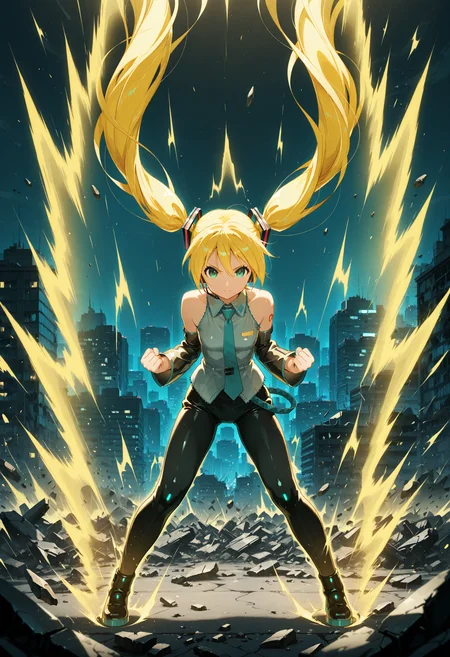 <lora:superSayianAura_NoobAIEps_Mlaofmd-10:1.0> masterpiece, best quality, high quality, [:realistic:0.3], detailed background, depth of field, ambient silhouette, backlighting, 1girl, hatsune miku, yellow hair, very long hair, floating hair, solo, green eyes, clenched hands, supersaiyanaura, power, aura, sharp aura, yellow aura, fight stance, floating, looking at viewer, serious face, city, apocalypse, city background, night, debris, full body,