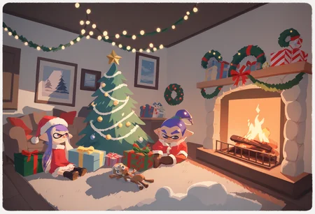 score_9, score_8_up, score_7_up, BREAK,
cozy shot of an inkling family gathered around a christmas tree unboxing presents, excitement, fireplace, early morning lighting <lora:SplatoonXLLocon:1>