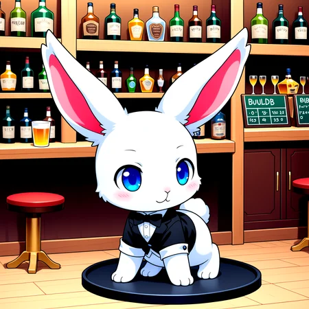 anthropomorphic rabbit, white fur, blue eyes, slim build, black outfit, bow tie, pub