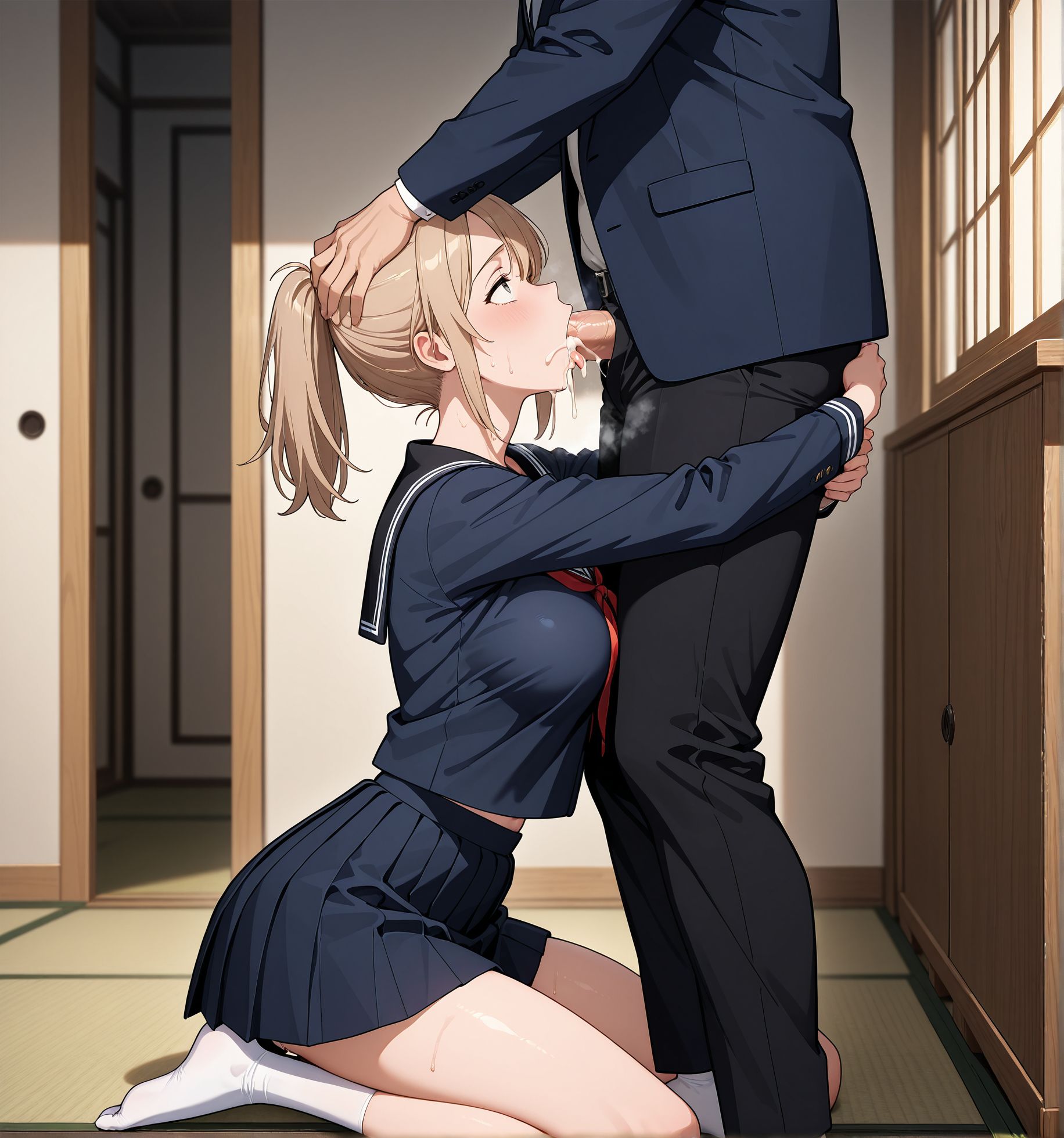 masterpiece,best quality,amazing quality,very aesthetic,absurdres,newest, huge filesize,
<lora:spo_sdxl_10ep_4k-data_lora_webui:0.5>,anime coloring, 
1girl, 1boy, hetero, head grab,from side, close up,  erection, penis,steaming body, 
old japan house, tatami,   on kneeling, looking at another, looking up, standing male,  male public hair, 
nervous sweating, penis awe, huge penis,  fellatio, hug,oral sex, deepthroat, 
<lora:AKI_Lonely_Castle_in_the_Mirrorr:0.7>
BREAK
AKI,
light brown hair female,medium breasts, sexy body,  half-closed eyes, cum overflow, cum on tongue out, 
short hair,tied hair, 
black sailor uniform,navy blue outfit, long sleeves, 
red ribbon,
 ponytail, 
 (white socks), miniskirt, pleated skirt, sexy leg, 
sitting pose female,
BREAK
1boy, father,ugly man,suit, black pants, (white socks male),