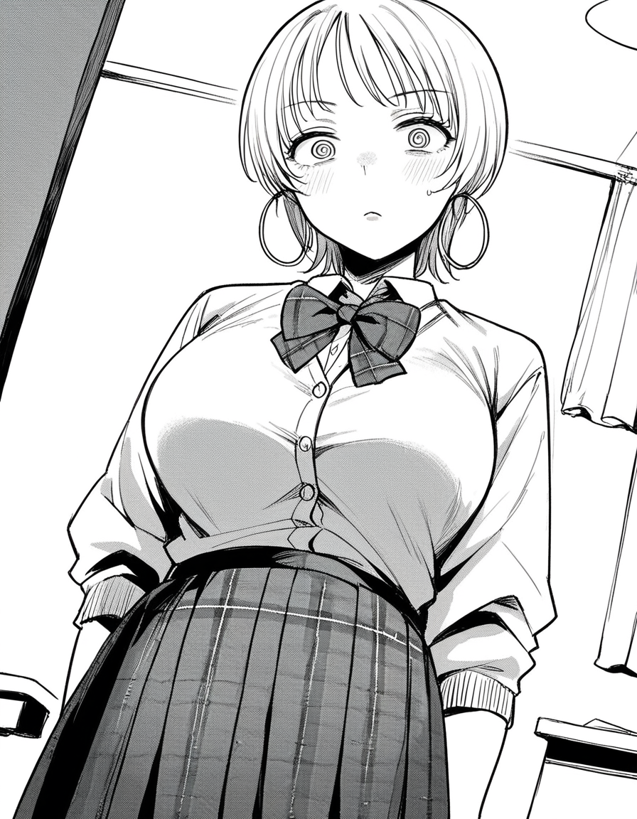 score_9, score_8_up, score_7_up, source_anime,
<lora:ken-songen-chihiro-manga-ponyxl-lora-nochekaiser:1>, chihiro, short hair, large breasts, monochrome, greyscale, ringed eyes,
hoop earrings, skirt, shirt, bow, school uniform, pleated skirt, bowtie, plaid, plaid skirt, cardigan,
indoors, blush,
looking at viewer, cowboy shot, dutch angle, solo,