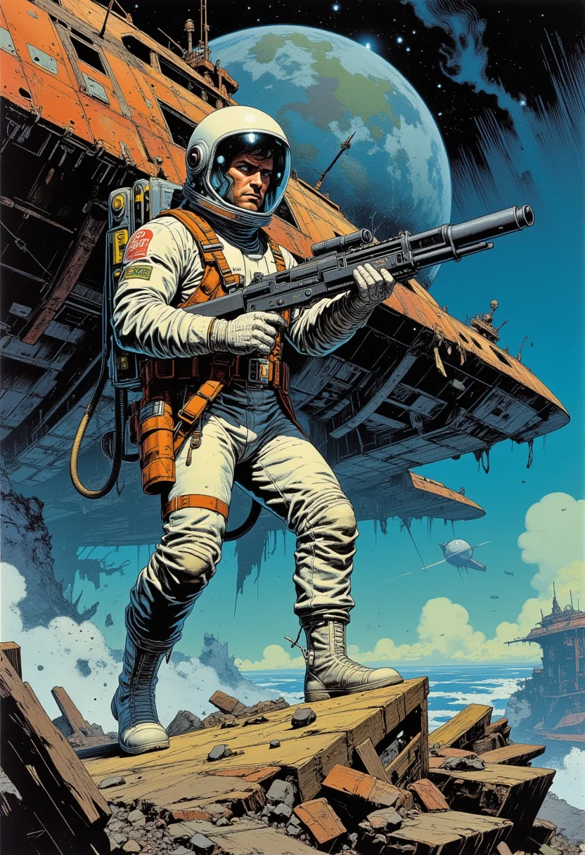 comic book art, a handsome male astronaut wearing sleek modern spacesuit holding a retro laser pistol on (A massive, ancient spaceship floating derelict in deep space.), retro sci-fi style, dynamic lighting, digital art, cinematic shot, fantastically beautiful, illustration, aesthetically inspired by classic sci-fi movies, by Paul Lehr by Jon Whitcomb, samdoesart, dreamlikeart.