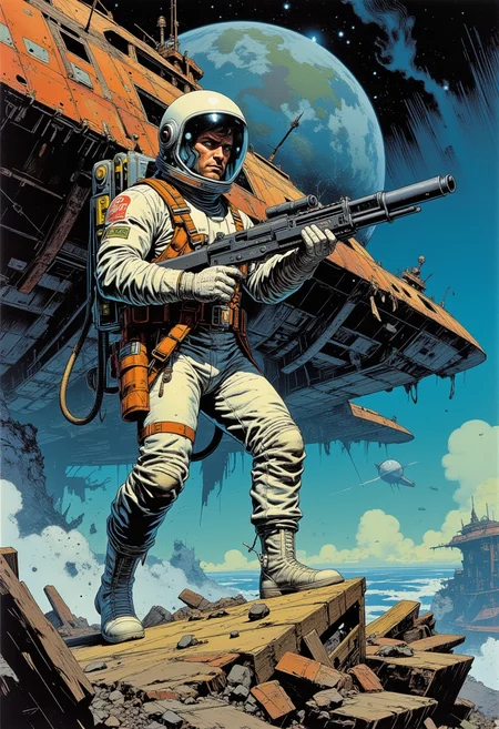 comic book art, a handsome male astronaut wearing sleek modern spacesuit holding a retro laser pistol on (A massive, ancient spaceship floating derelict in deep space.), retro sci-fi style, dynamic lighting, digital art, cinematic shot, fantastically beautiful, illustration, aesthetically inspired by classic sci-fi movies, by Paul Lehr by Jon Whitcomb, samdoesart, dreamlikeart.