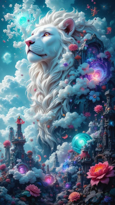 pinkdarkfantasy,
Fantasy epic style,
A white lion head disguised as a cloud, looking up at the sky, its body covered by clouds, its elegant outline flickering.
(A surreal train, dotted with blooming flowers:1.2);
A rotating galaxy slowly rotates in the vast sky, and the colors of the universe (purple, blue, pink) interweave and interweave;
Dramatic lighting effects and mysterious atmosphere; Perfect composition picture, the overall beauty is ethereal.