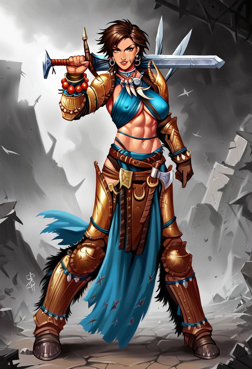 AmiriPathfinder,1girl,solo,armor,sword,brown hair,jewelry,midriff,navel,abs,earrings,shoulder armor,scars,pauldrons,large breast,muscular female,tattoos,underboob,belt,brown eyes,necklace,boots,gloves,short hair,lips,facial tattoo,beads,bracelets,greaves,pelvic curtain,legs armor,bracer,leather bracers,leather armlet,leather armor,sheath,,seductive pose,ruins,sexual pose,holding large sword,
score_9, score_8_up, score_7_up, beautiful aesthetic, very intricate, high quality details,vibrant, highly detailed, award-winning, professional,anime artwork, anime style, studio anime, athletic, toned female,muscular milf,curvy body, athletic girl,fit girl, perky tits,huge breast,perfect tits, round breasts, nipple outline,looking at viewer, pinup pose,teasing, dynamic lighting, cinematic, smug, better than you, aura of temptation, highly detailed, high resolution, masterpiece, detailed clother, detailed background, highly detailed, ((sound effects)) comic layout,