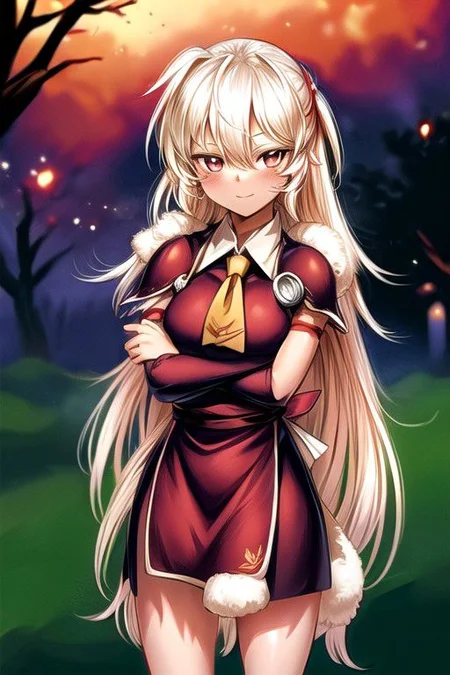 best quality 1girl Setsun4 solo long hair, (night time) forest background black hair very long hair purple eyes multicolored hair armor, small, (fur trim) (medium body),<lora:EMS-179-EMS:0.800000>,<lora:EMS-293862-EMS:0.800000> bow, hair_bow, hair_tubes, red_bow, brown_hair, long_hair, bangs, ascot, frilled_bow, yellow_ascot, blush, smile, hair_between_eyes, athletic, armor, miko, strengthmda, crossed arms, Smiling, happy