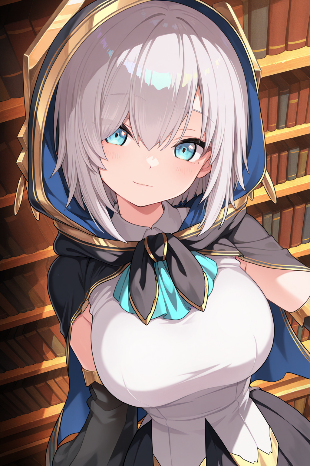 1girl, ArsAlmalNijisanji, 
general, solo, dynamic angle, from above, upper body,
short hair, grey hair, blue eyes,
hooded cape, shirts, large breasts,
detached sleeves,
black sleeves, 
black skirt,
light smile, head tilt, looking at viewer,
library, fantasy,
<lora:kp_ArsAlmalNijisanji1stCostumeIllustrious_v1_0:1.0>,
masterpiece, best quality, amazing quality